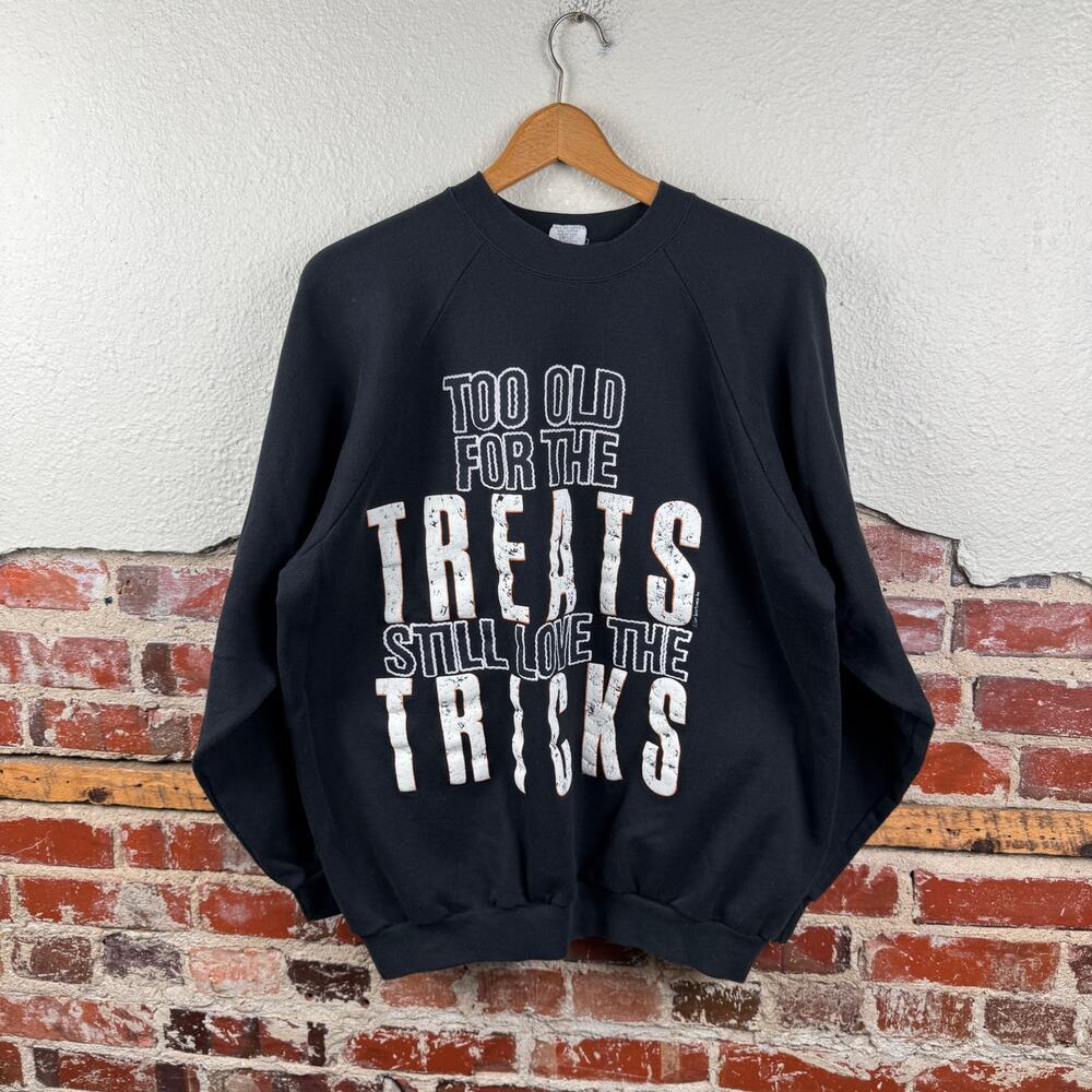 Vintage Halloween Sweatshirt Size XL Black Crewneck Too Old For Treats Funny 90s
